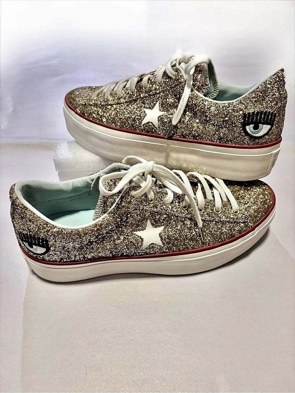 Converse Womens One Star X Chiara Ferragni Gold Glitter Platform Sneaker Size 11